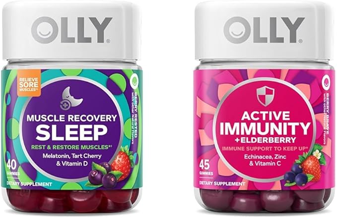 OLLY Muscle Recovery Sleep Gummies 40 Count and Active Immunity+Elderberry Gummies 45 Count Bundle