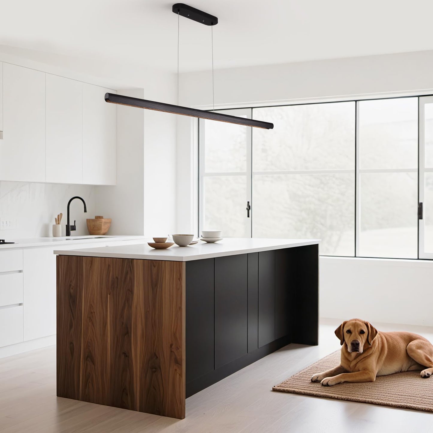 Yisdesign 39Inch Integrated Led Pendant Light 24W Dimmable Wood Linear Pendant Lighting Led Modern Island Light With Black Finish For Kitchen Island Dining Room Billiard & Pool Lights
