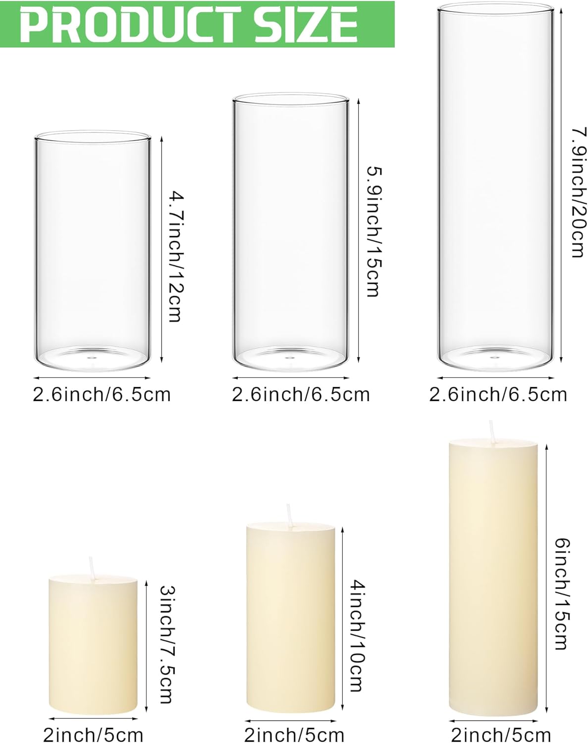 Shihanee 36 Pcs Pillar Candles and Glass Cylinder Vases Tall Cylinder Holders for Pillar Candles Wedding Centerpieces, Total 18 Sets(2.6'' X 4.7'', 5.9'', 7.9'',Clear,Ivory White)