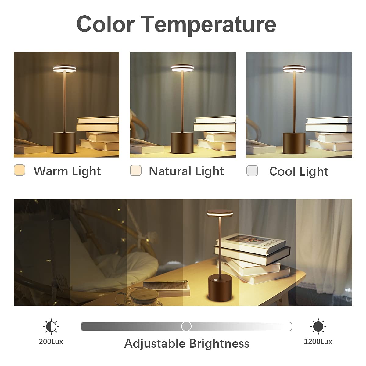 bravzurg Rechargeable Table Lamp, Dimmable LED, 5000mAh, Metal, Wireless, Brown, Model S805