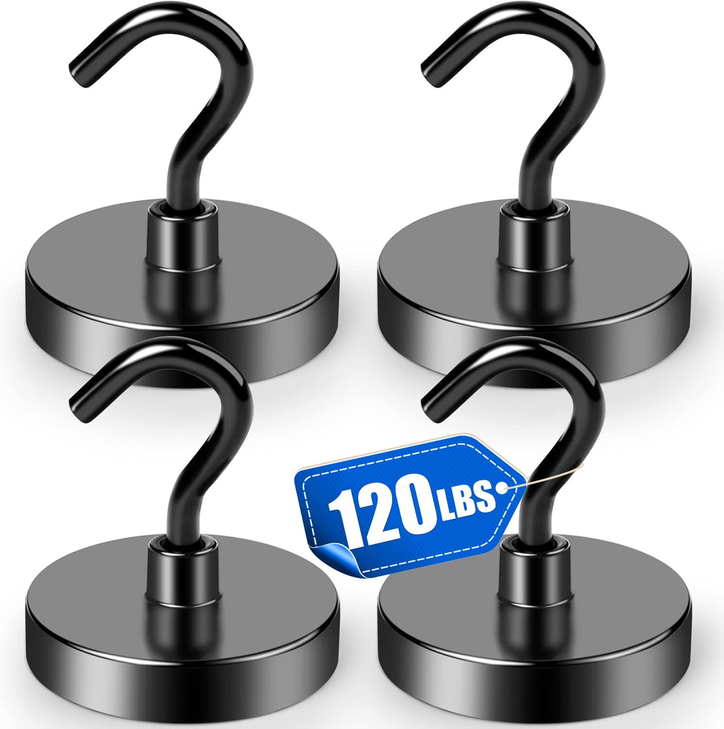 LOVIMAG Black Magnetic Hooks Heavy Duty, 120lbs Strong Neodymium Magnet Hook with Epoxy Coating for Cruise Cabins, Magnets with Hook for Locker, Classroom, Kitchen,Office,Metal Door Etc-4 Pack