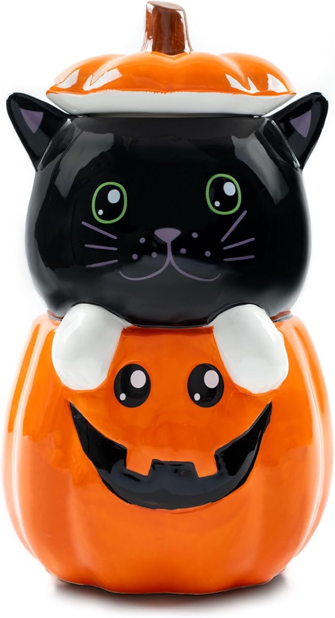Dolomite Ceramic 11 x 6.3 Halloween Cookie & Candy Jar with Airtight Lid: Perfect for Kitchen Canisters, Pet Treat Containers & Fall Decorative Candy Dish, Black Cat Pumpkin