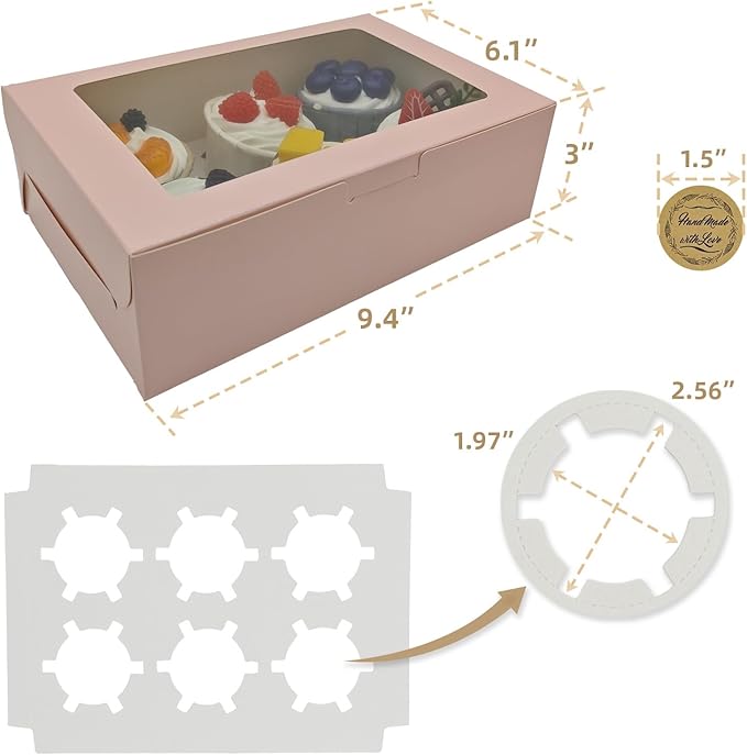 Cupcake Boxes 6 Count, Disposable Cupcake Containers, Food Grade Carrier with Window and Inserts for Cupcakes Muffins Cookies Pastries Donuts (Pink, 30 Pack)