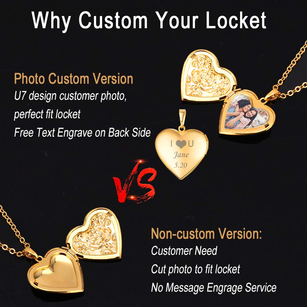 U7 Rose Gold Locket Necklace with Rolo Chain 22 Inch, Romantic Flower Heart Photo Locket Pendant for Women