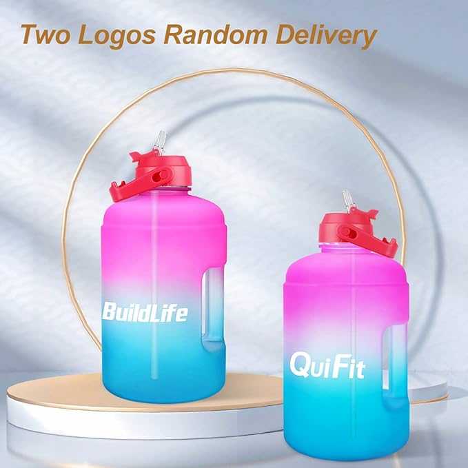 QuiFit 1 Gallon Water Bottle - with Straw & Motivational Time Marker Leak-Proof BPA Free Reusable Gym Sports Outdoor Large(128OZ) Capacity Water Jug(Pink/Blue Gradient,1 Gallon)