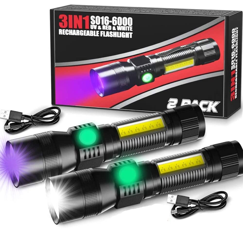 Hoxida Black Light Uv Flashlight - 2000 Lumen Tactical Led, 3-In-1 Modes, Rechargeable, Waterproof, 2Pcs, Aluminum
