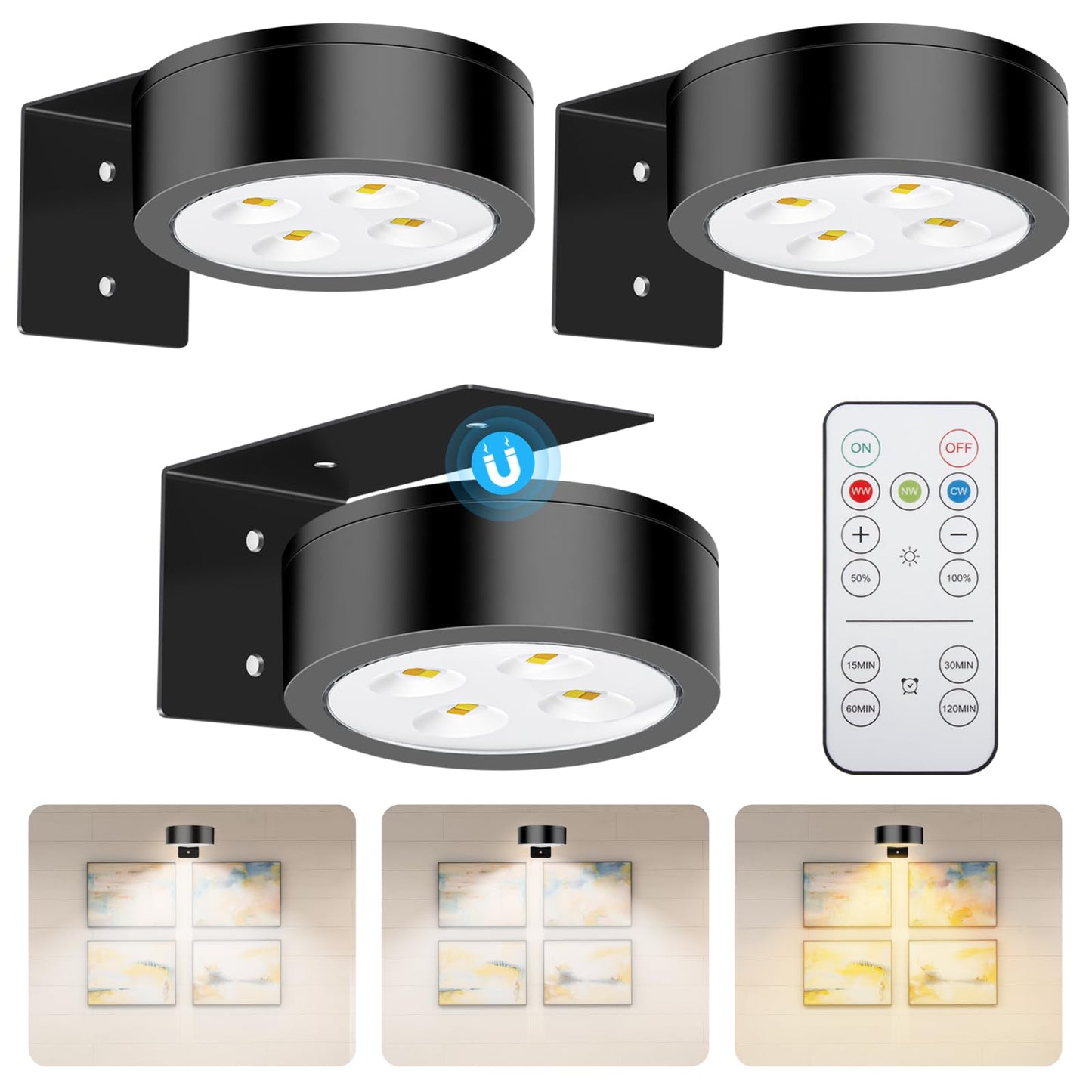 Libuam Wireless Battery Operated discomfort-reducingting Light With Remote Control 3 Lighting Modes Magnetic Led Art Display Light For Picture Frame  Dimmable And Timer  Wall Decor Display Light 3Pack Black