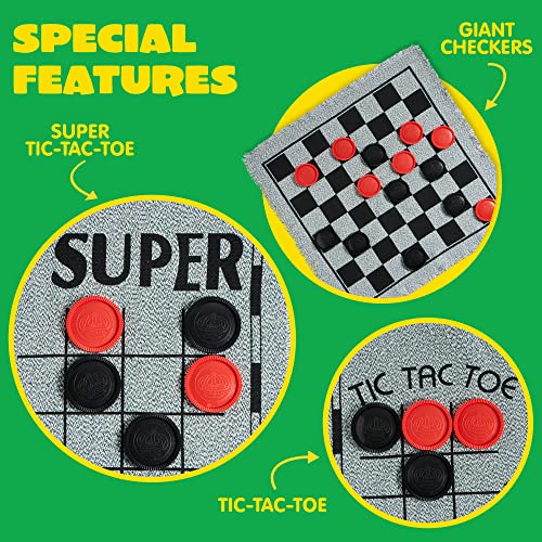 3-in-1 Vintage Giant Checkers, Tic, Tac, Toe, with Reversible Mat, 24 Chips, Family Board Game, Lawn Game, BBQ Party Favo...