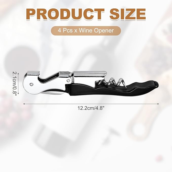 uxcell 4 Pcs 4.8" Stainless Steel Wine Opener, Waiter Corkscrew Professional Wine Key Bottle Opener with Double Hinged Foil Cutter for Bar Servers Waiter Bartender and Home, Black