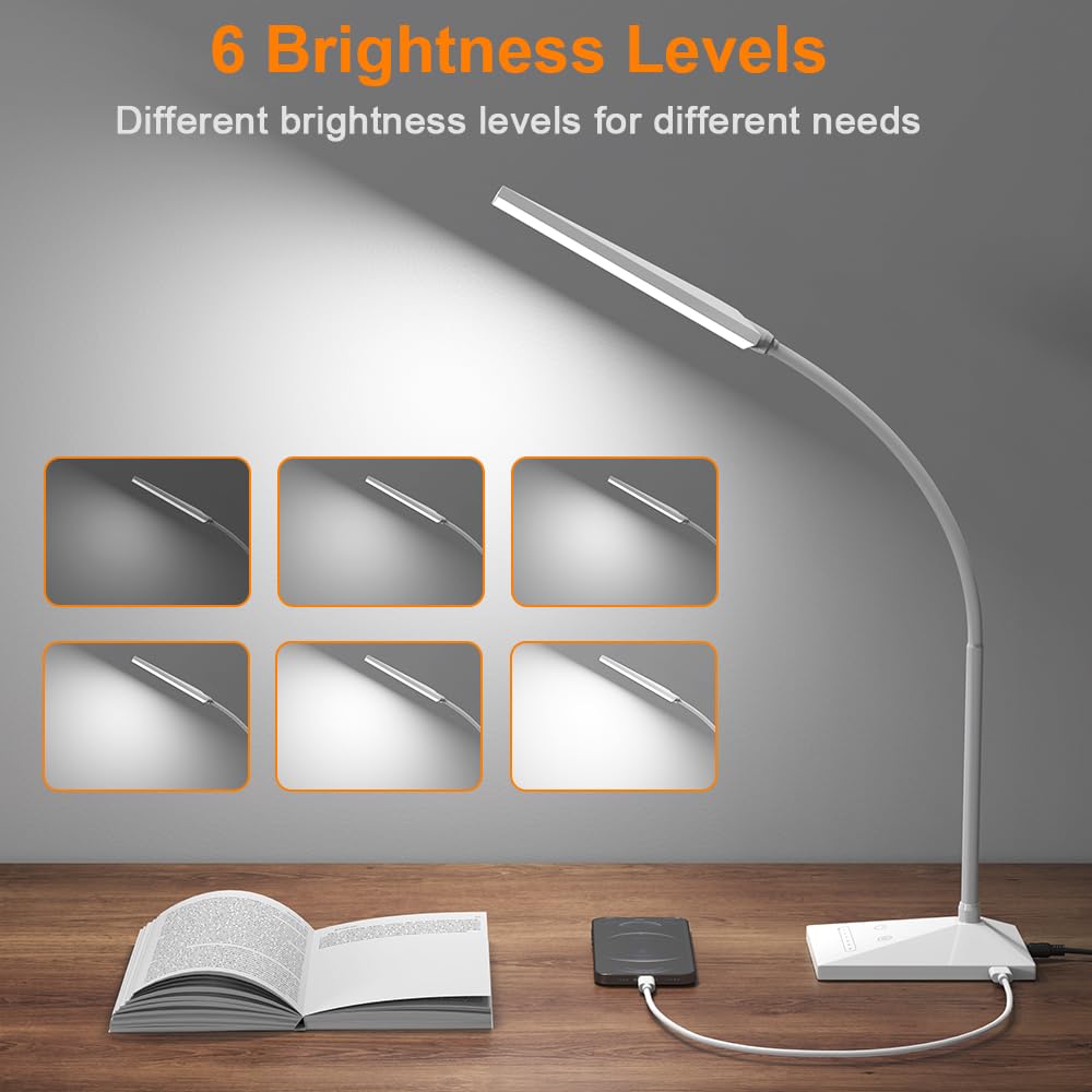 Vansuny LED Desk Lamp with USB Charging, 5 Color Modes, 6 Brightness Levels, Flexible Gooseneck, White
