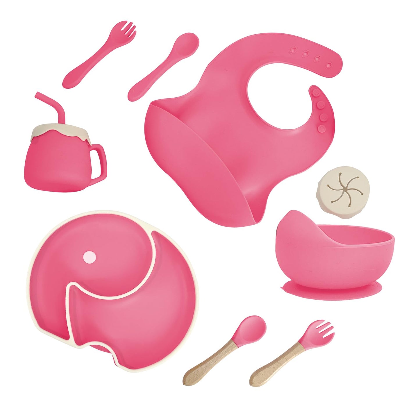 ARCASA Silicone Feeding Set, 9 Pcs Plates and Utensils, Includes Placemat, Suction Plate, Bowl, Adjustable Bib, Sippy Cup, Fork, Spoon for Babies 6+ Months (Pink)
