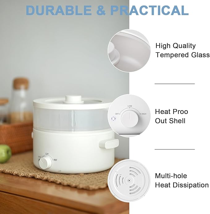 Electric Steamer for Cooking, 2L Ceramic Glaze Non-stick Pot, Dual Power Multi-functional Electric Cooker, Suitable for Steak, Pasta, Hot Pot, Ramen, Quick Heating and Overheat Protection