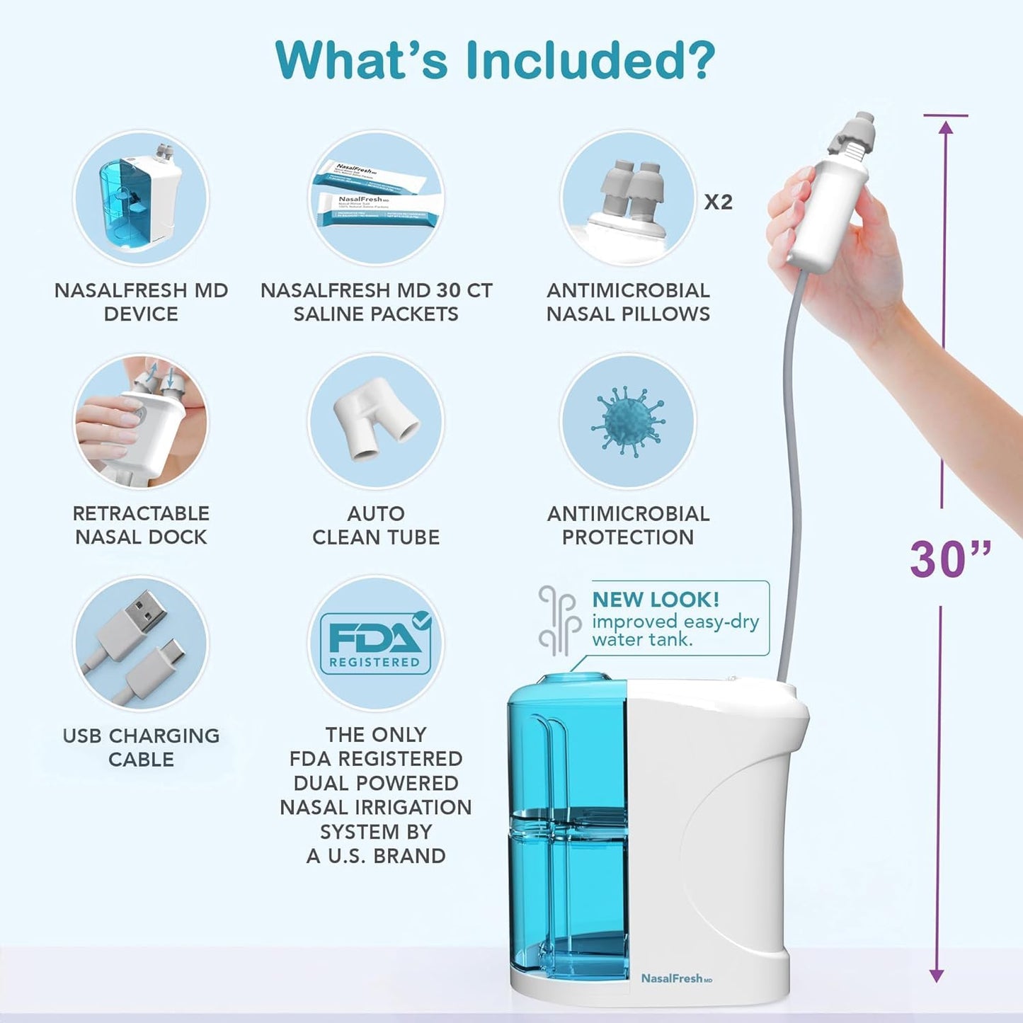 NASALFRESH MD - Dual Powered Nasal Irrigation System Nasal Rinse and Wash - Sinus Decongestant Relief System w/ 30 Saline Packets - Rechargeable - 2 Sets of Nose Pillows - Snoring Remedy