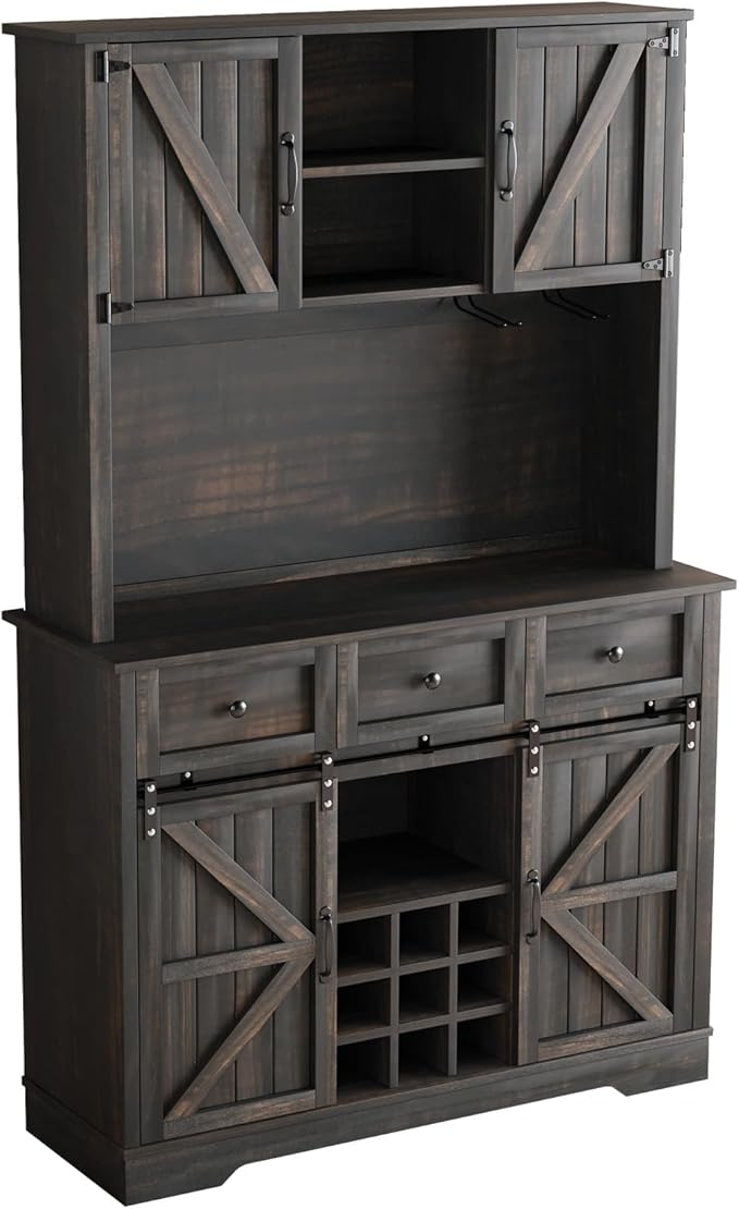 4 EVER WINNER 72" Coffee Bar Cabinet with Sliding Barn Door & Wine Racks, Hutch Cabinet with Storage and 3 Drawers, Farmhouse Coffee Bar with Wine Glass Holder for Dining Room Kitchen, Rustic Oak