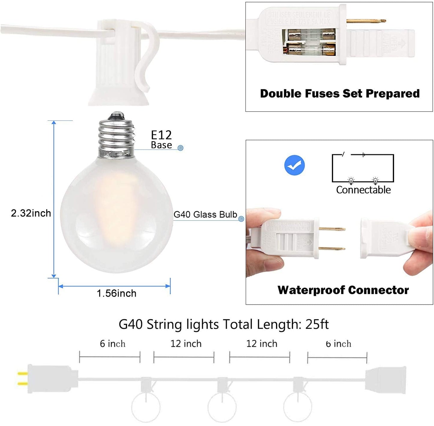 GOOTHY G40 LED String Lights - 25Ft, Frosted White, 27 Shatterproof Bulbs, Connectable Vintage Outdoor Patio Lights
