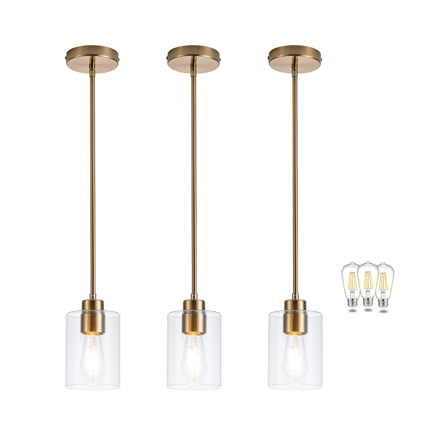 MAYNA 3 Pack Modern Kitchen Pendant Lights, Brass Pendant Lighting with Clear Glass Shade, Adjustable Height Island Lights for K