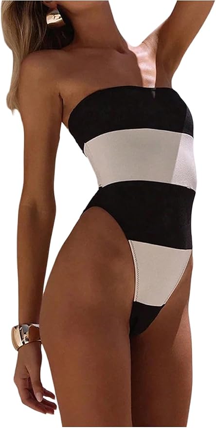 WDIRARA Women's One Piece Color Block Strapless Swimsuit High Cut Bandeau Bathing Suit