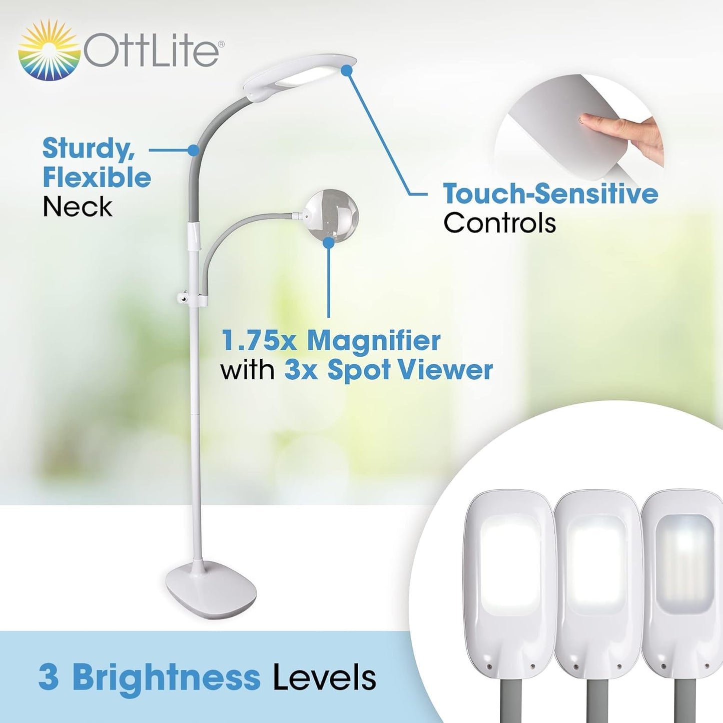 Ottlite Led Floor Lamp With Optical Grade Magnifier - Clearsun Led Technology - 3 Brightness Settings  Adjustable Arm & Touch Sensitive Controls - Great For Sewing Table  Crafting  Home & Office