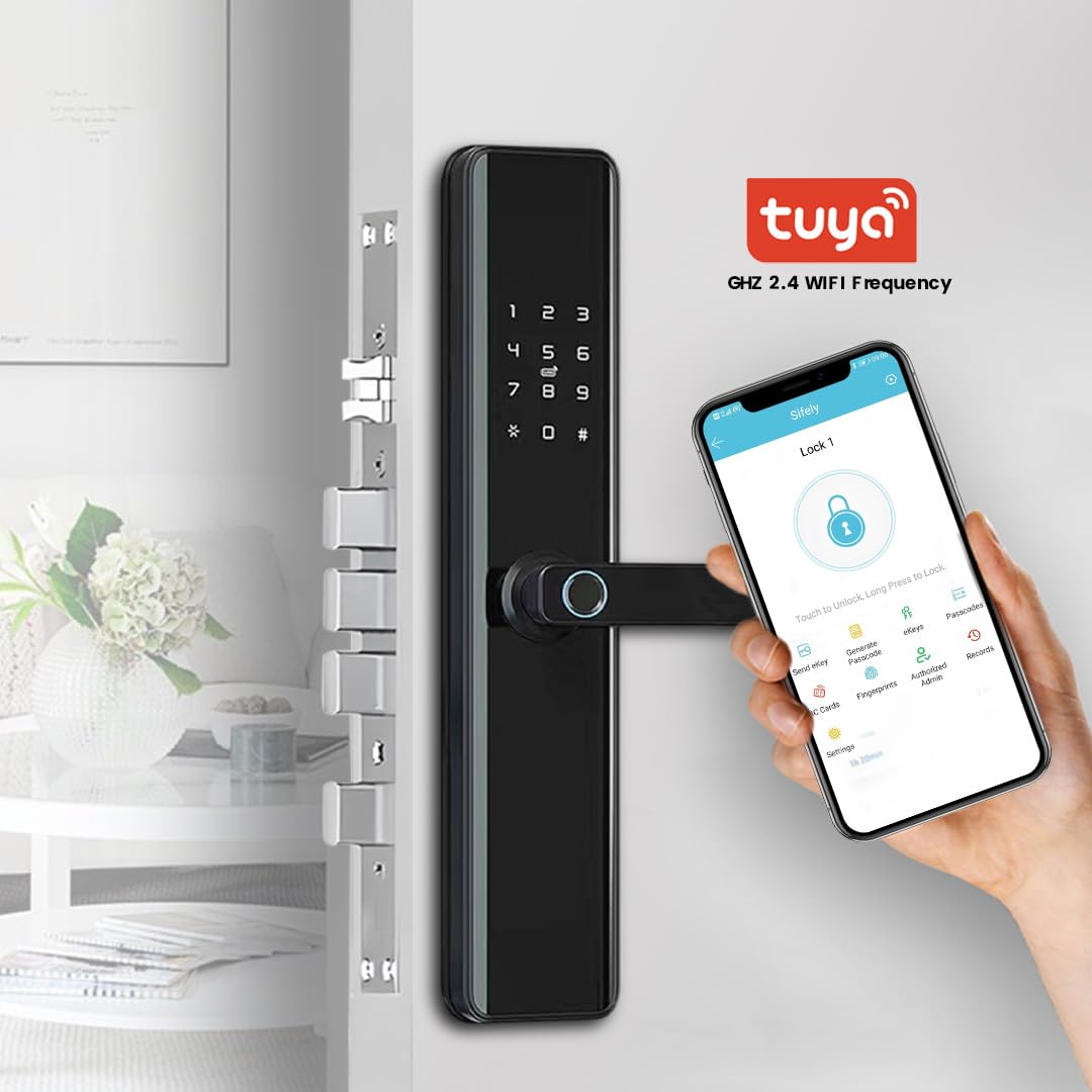 Smart Door Lock with Handle |Touchscreen Keypad & Doorbell | Keyless Entry (Fingerprint, Passcode, Key Access & WiFi Tuya App Control), Alexa, Waterproof, Electronic Deadbolt for Front Doors, Black