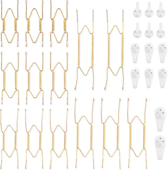 Bilillo 14 Pcs Plate Hangers for Wall - 4/6/8/10/12 Inch Invisible Plates Hanger, Stainless Steel Plate Holders with 14 Pieces Wall Hooks for 4 to 12.5 Inch Decorative Plates and Arts (Gold)