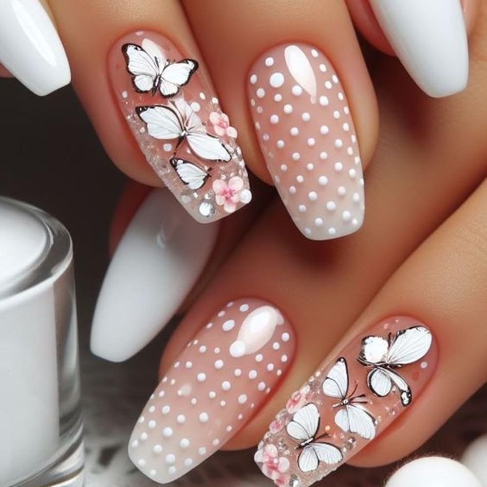 MRSCOL Long Press on Nails,Coffin Press on Nails with White Butterfly Design,Long Reusable 24pcs Nail Kit with Glue