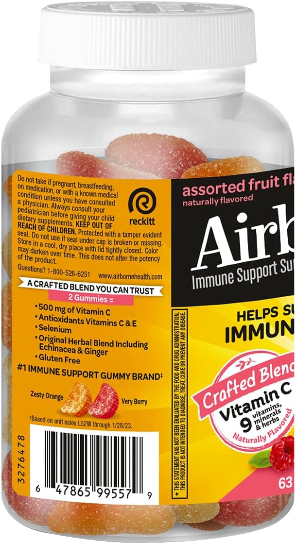 Airborne Kids 500mg Vitamin C Gummies, Kids Immune Support Zinc Gummies with Powerful Antioxidants VIT C & E - 63 Gummies, Assorted Fruit Flavor (Pack of 4)