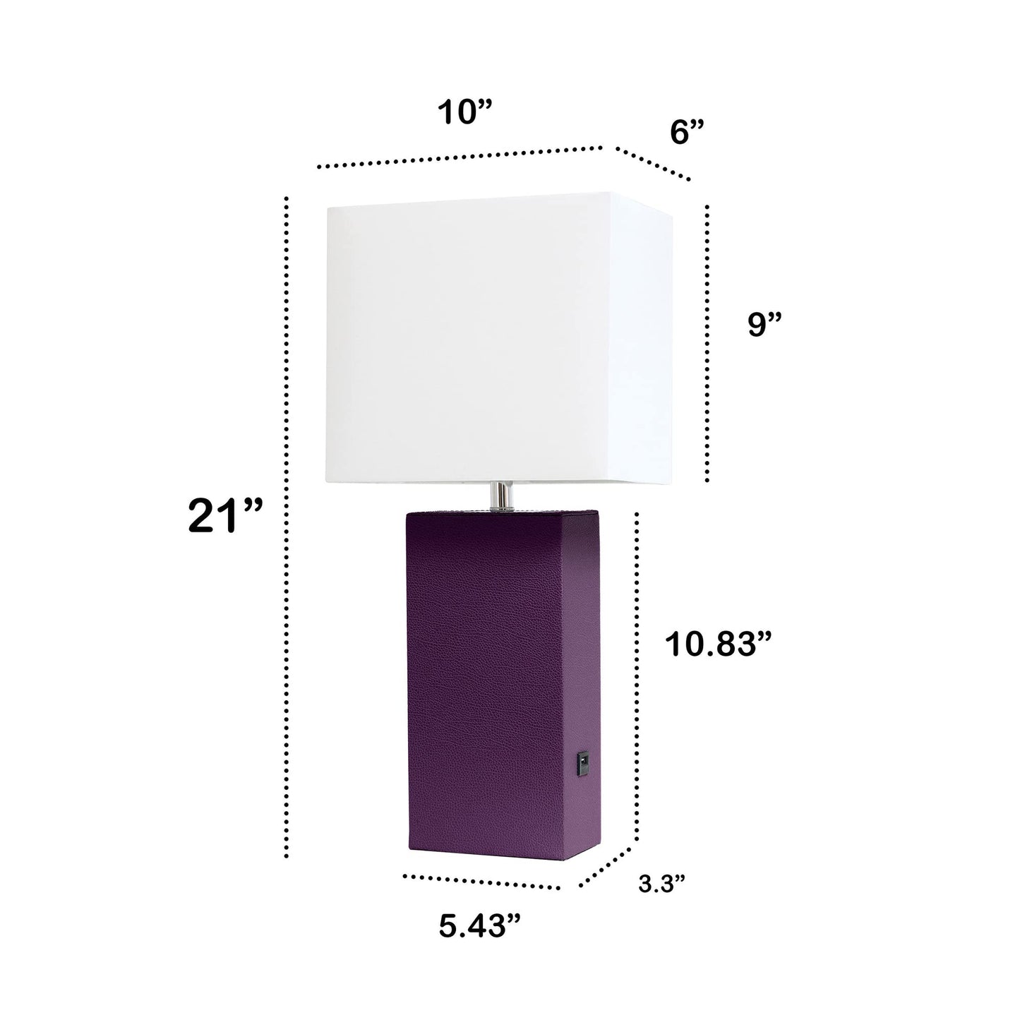 LALIA HOME Lexington 21in Leather Base Bedside Table Lamp, USB Charging Port, Eggplant Purple, Model LHT-3012