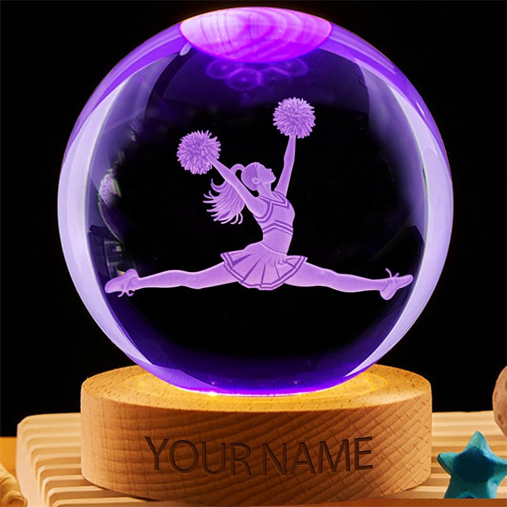 Personalized Cheerleader Crystal Night Light Gift for Women, Custom Name/Number Cheerleader 3D Crystal Ball Night Light Lamp for Bedroom Room Dance Decor Party Bar Christmas Birthday Gift