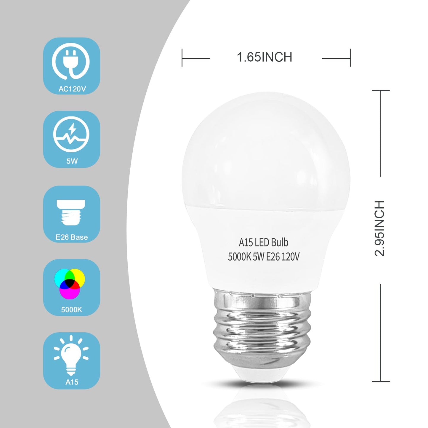 LOXYEE LED Refrigerator Light Bulb 2 Pack，Daylight White 5000K 120V 40W Equivalent Appliance Bulb，A15 5W E26 Base Waterproof Fridge Light Bulbs for Freezer Home Lighting,Small Light Bulb,Dimmable