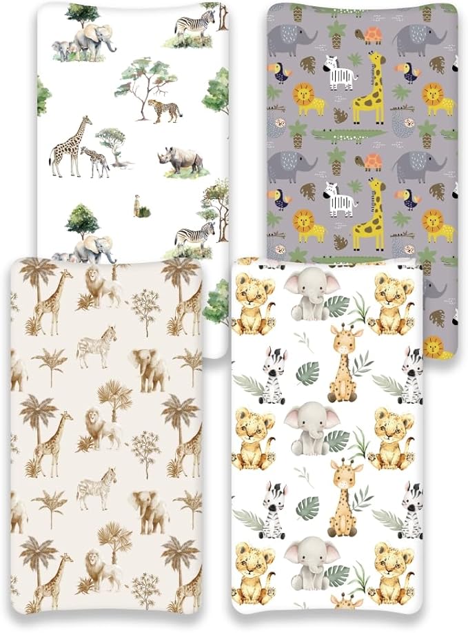 4 Pack Safari Jungle Animals Neutral Unisex Fitted Nursery Baby Sheets Set Toddler Mattress Sheets for Baby Boys or Girls (Changing Pad Cover)