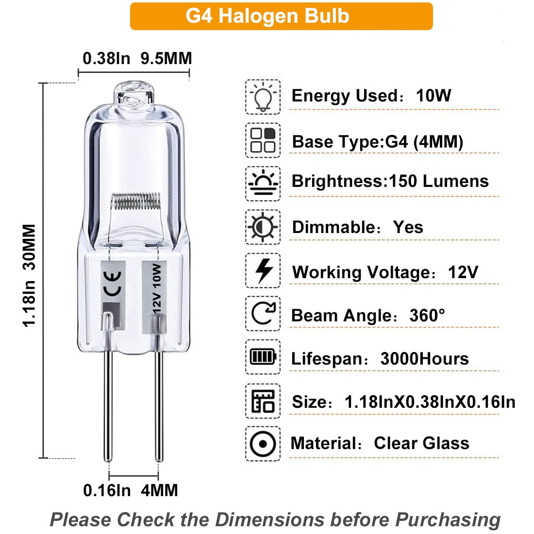 Vinaco G4 Halogen Bulb 10W, 12V, Dimmable, 150LM, Warm White, 10 Pack, Clear