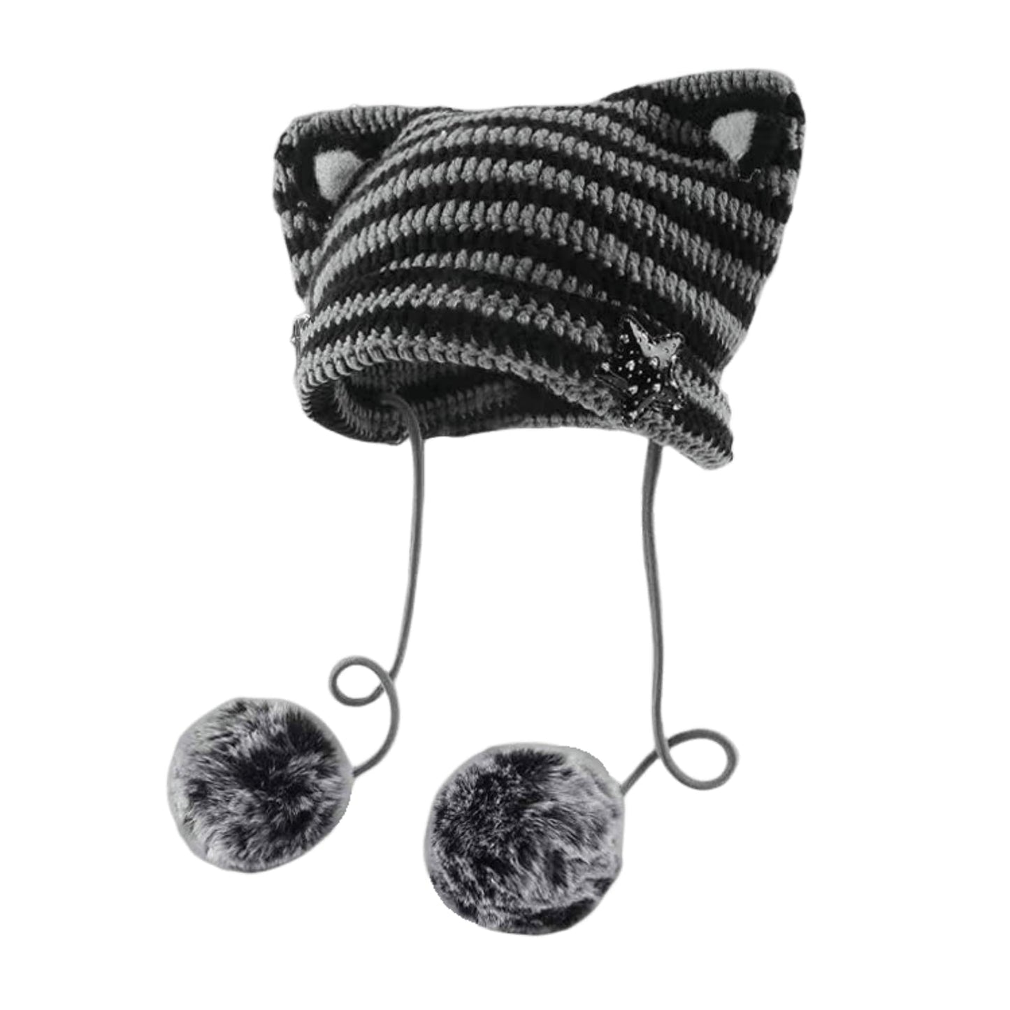 Women Kawaii Cat Ear Beanie Hat with Star Pom Poms Y2K Cute Crochet Goth Grunge Emo Alt Accessories Knit Slouchy Hat (Black Grey)