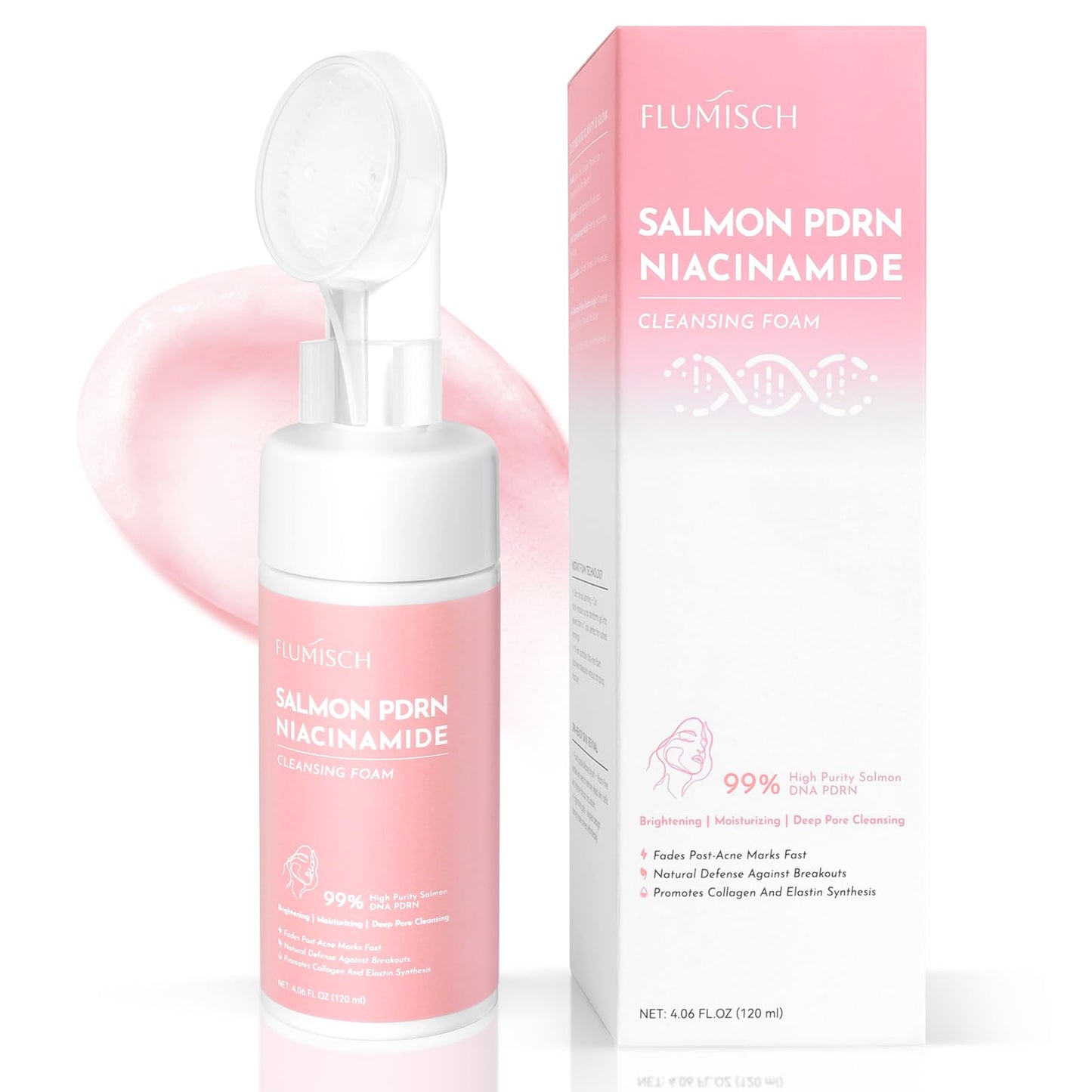 FluMisch Salmon DNA PDRN Facial Cleanser | Low pH Hydrating Daily Foaming Face Wash with Soft Massage Heads | PDRN, Collagen & L