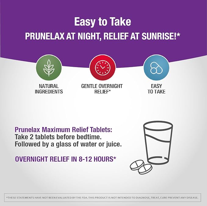 Prunelax Ciruelax Maximum Relief Laxative Tablets with Natural Senna for Occasional Constipation, Senna Extract, Vegan & Gluten-Free, Gentle Overnight Relief - 60ct