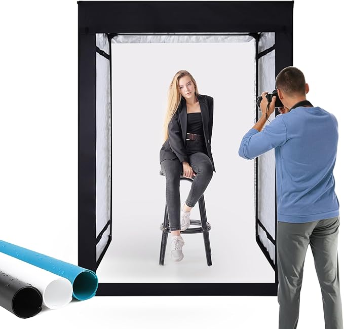 47"x78"x40" Large Photo Studio Light Box Photography, 8 Light LED Panels Dimmable Shooting Tent with 3 Color Backdrops Con...