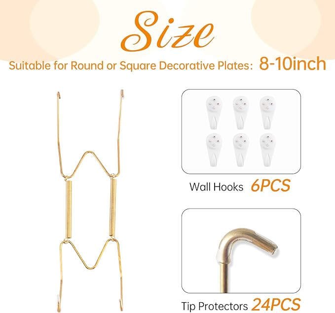 6 Pack Plate Hangers for The Wall, Suitable for 8-10 inch Art Plate, Stainless Steel Invisible Heavy Duty Wire Plate Holder with Wall Hooks, Plate Hangers for Displaying Plates, Platter, Dish, Gold