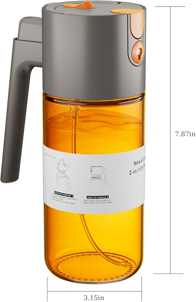 Upgrade 2 in 1 Oil Sprayer for Cooking, Olive Oil Dispenser Bottle for Kitchen Gadgets with Stickers, 17oz/500ml Food Grade Light-Blocking Glass Spray Bottle for Salad, Air Fryer, BBQ