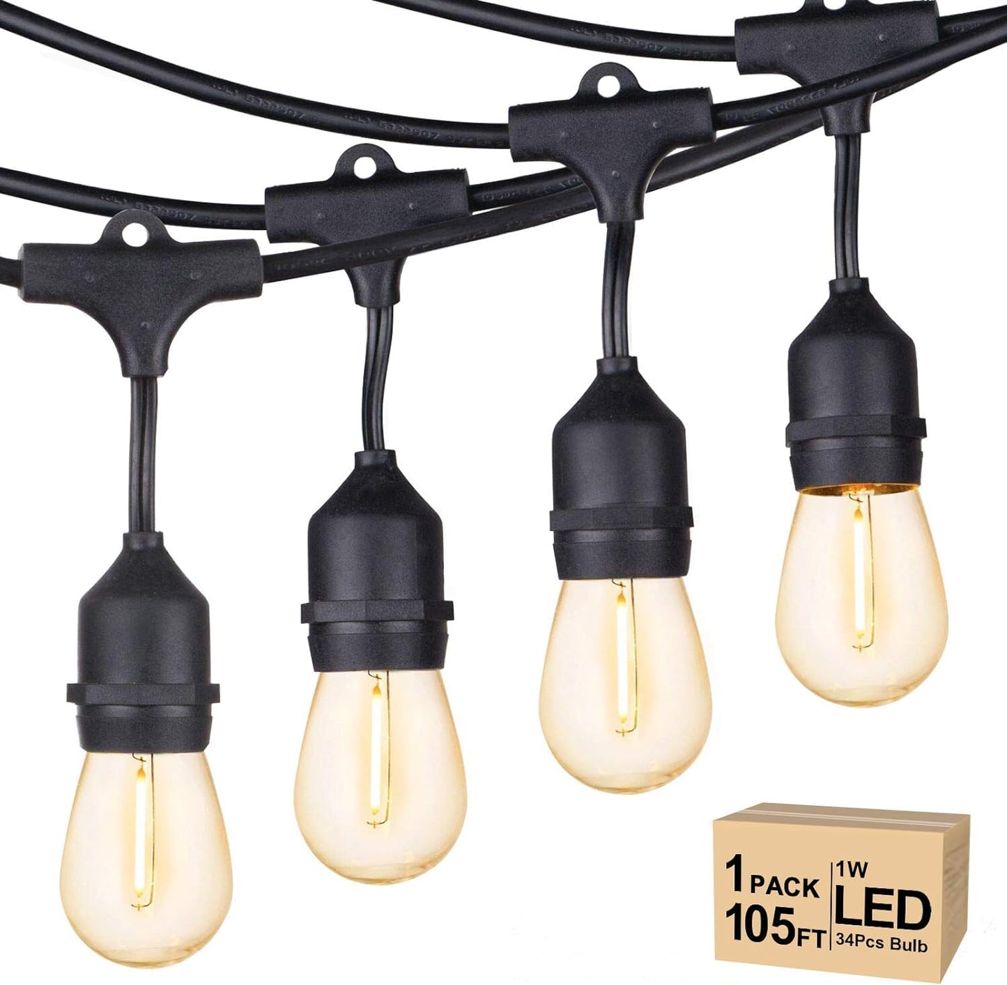 Svater Outdoor String Lights, 105FT, LED, Commercial Grade, Shatterproof S14 Bulbs, Black, Model SV-S14105FT-MG, Waterproof