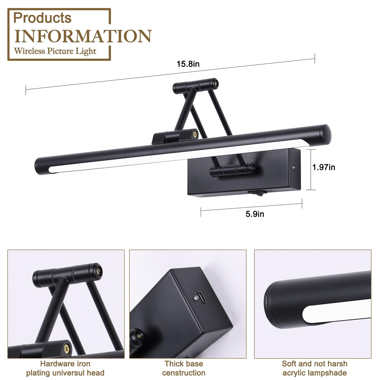 Battery Operated Picture Light With Remote 16  Black Art Light For discomfort-reducingting Dimmable & Timer Wireless Gallery Lights 3Cct Frame Lighting Rechargeable Wall Lights For Artwork Potrait Dartboard