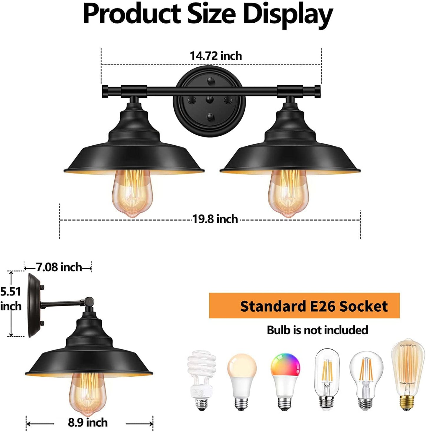 Elibbren 2-Lights Vanity Wall Sconce, Metal Matte Black, Industrial Bathroom Light Fixture for Mirror, 1 Pack