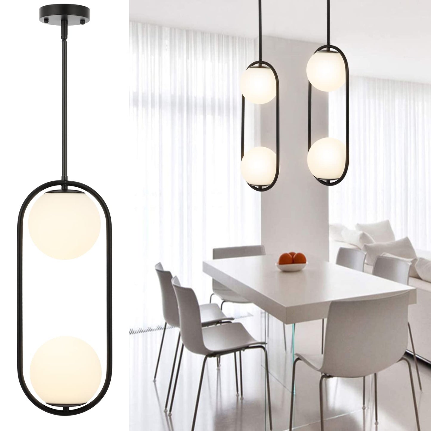 Byoliima 2-Lights Modern Globe Chandelier Mid Century Pendant Light Matte Black Ceiling Hanging Lighting Fixture With White Globe Glass Lampshade For Kitchen Island Dining Room Bedroom