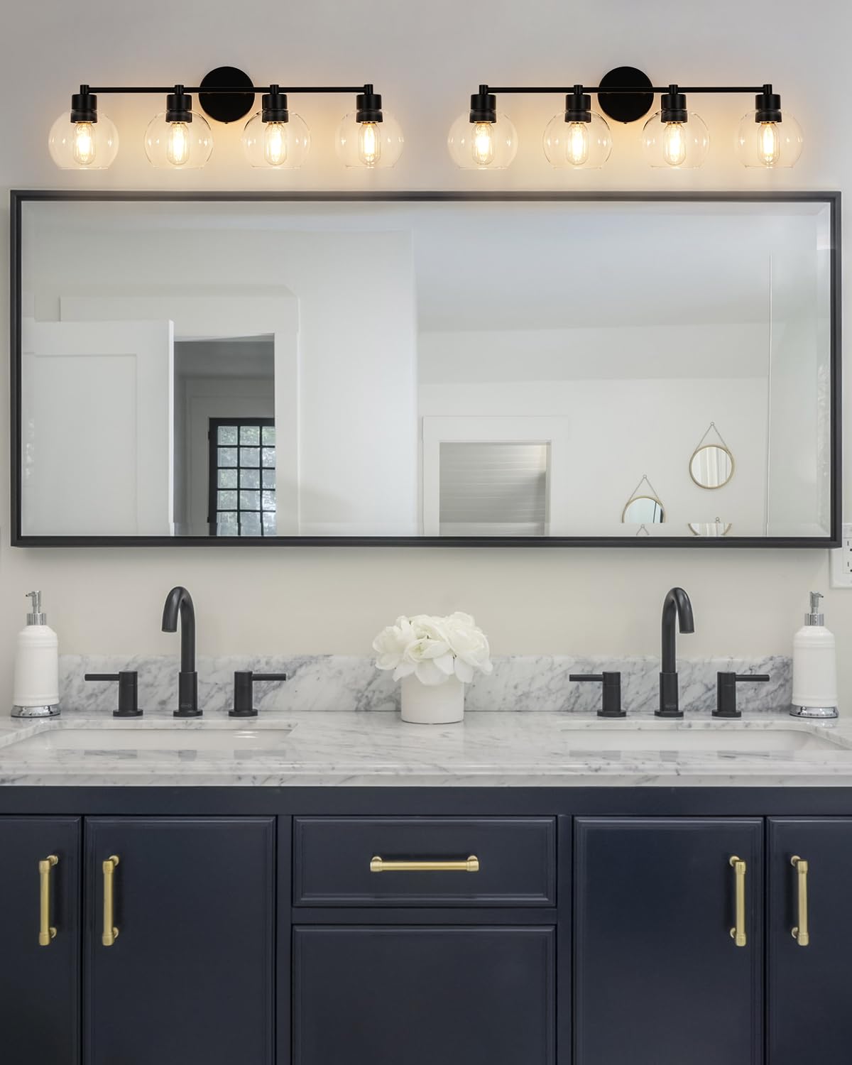 Wilon Matte Black Vanity Light  Modern 4 Light Bathroom Vanity Light With Globe Clear Glass Shades  Wall Sconces With E26 Base  Bathroom Lighting Fixtures Over Mirror  Wall Lamp For Bedroom