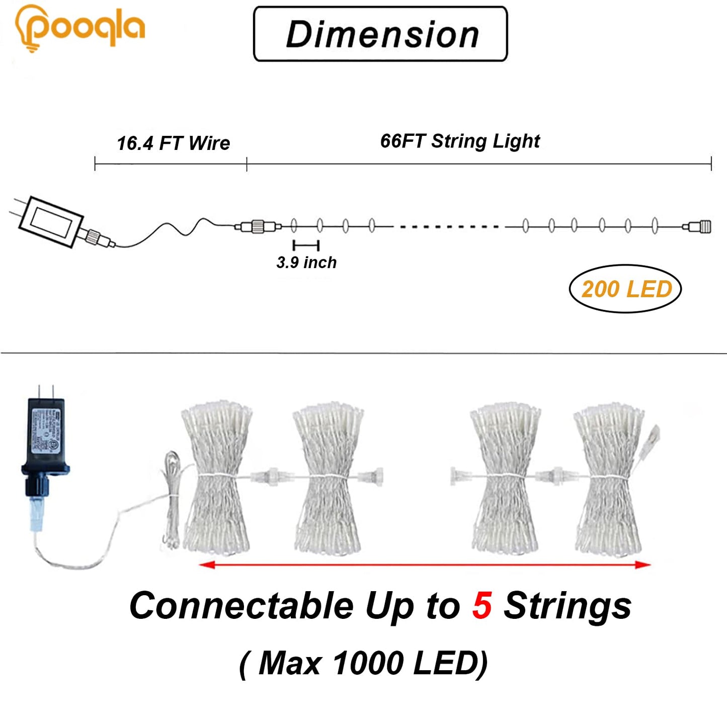 Pooqla Christmas String Lights, 66 ft, 200 LED, Clear Wire, 8 Modes, Red and White