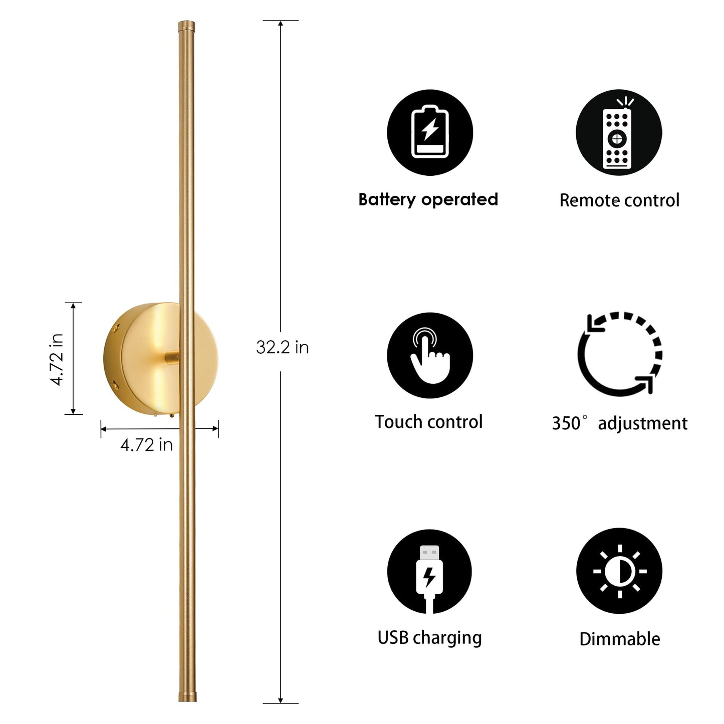 Kartoosh Battery Operated Wall Sconces  Dimmable Wall Sconces Set Of Two  350Rotate  3000K Led Gold Wireless Wall Light For Living Room  Bedroom  Hallway  32.2 Inch (2 Pack)