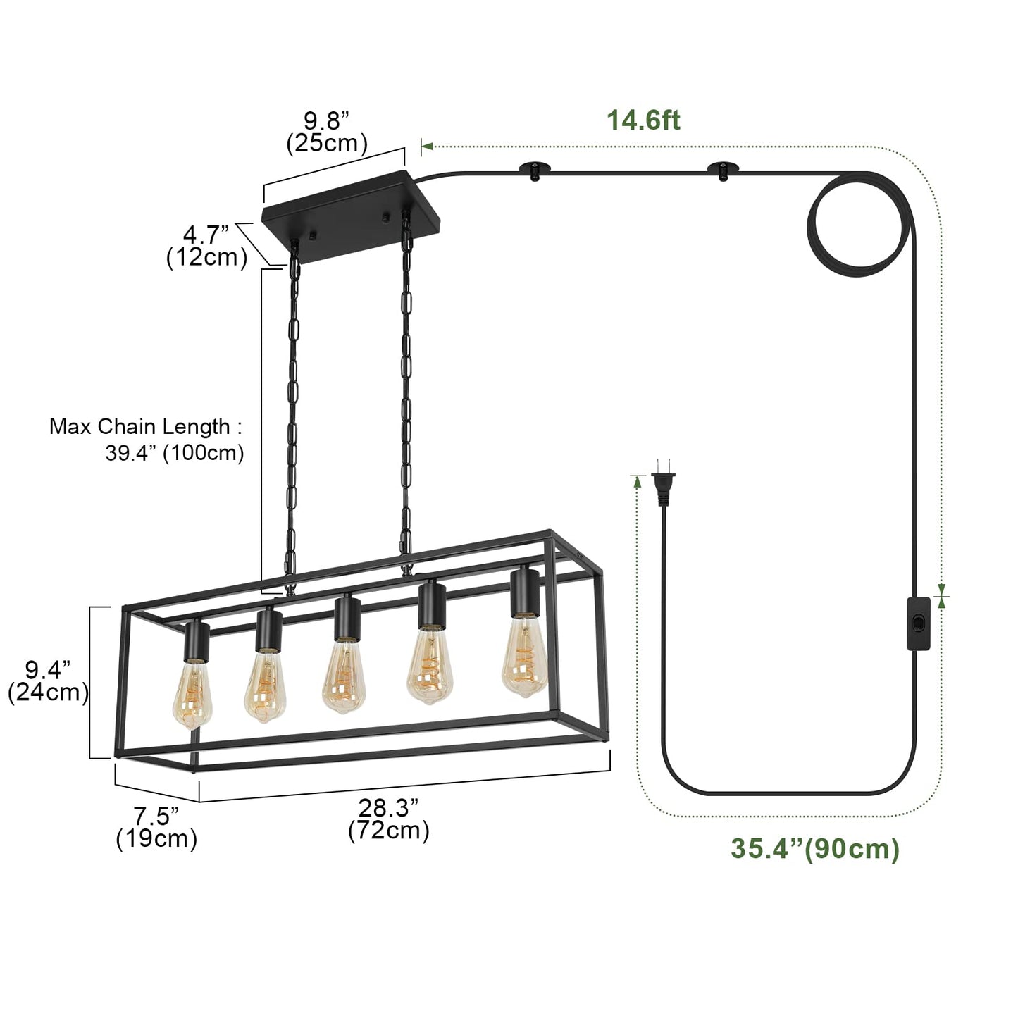 Black Farmhouse Plug In Kitchen Island Lighting  Industrial Modern 5-Light Linear Chandelier With 17.5Ft Cord  Rectangular Light Fixtures For Dining Living Room Bar