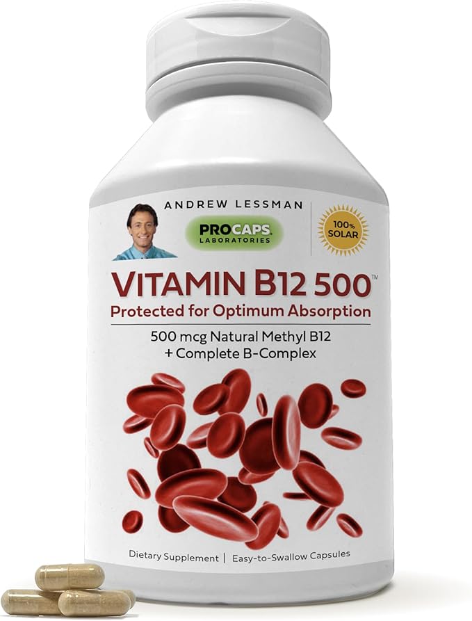 ANDREW LESSMAN Vitamin B12 500 360 Capsules - Absorption-Protected Methylcobalamin (Natural Coenzyme Vitamin B12), Essential for Energy and Stress Support, Plus B-Complex, Easy to Swallow Capsules