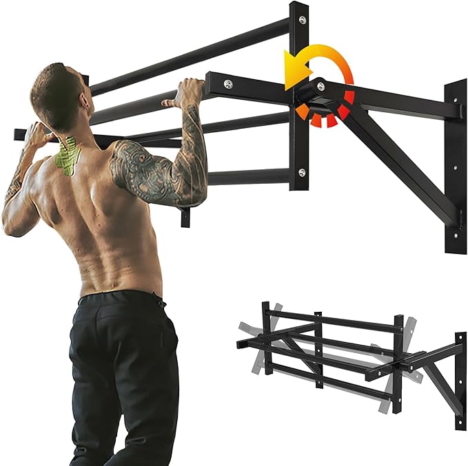 BESTHLS Wall Mounted Pull Up Bar and Dip Station, Heavy Duty Wall Mount Pull-up Chin Up Bar Multifunctional Home Gym Worko...