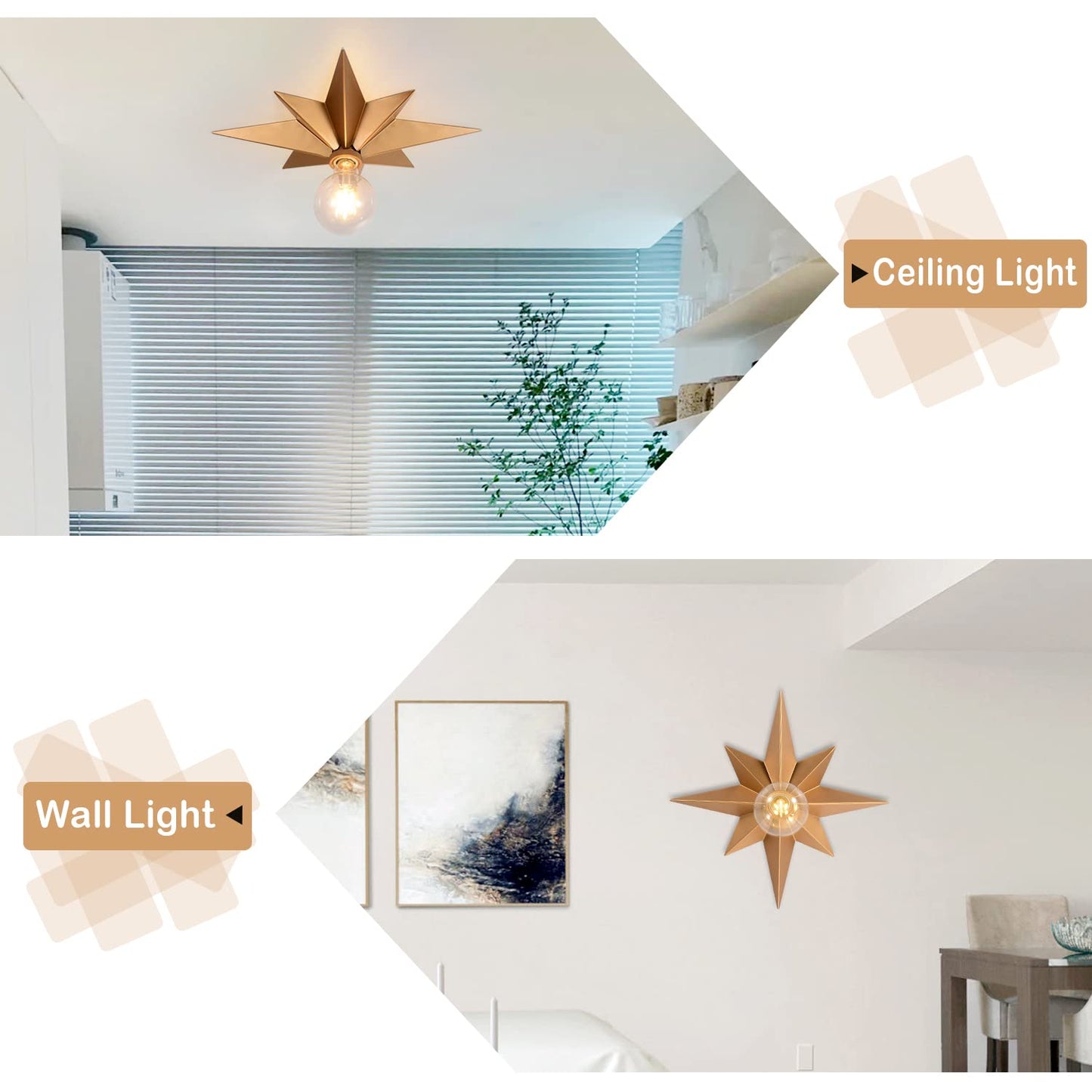 Airposta 16 Inch Flush Mount Ceiling Light, Gold Metal Star Fixture For Hallway, Entryway, Bedroom, Kitchen, Bathroom
