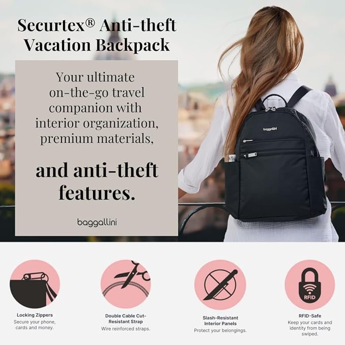 Securtex® Anti-theft Vacation Travel Backpack 10x13" Slash-Resistant Nylon Daypack w/RFID, Black Hydrangea