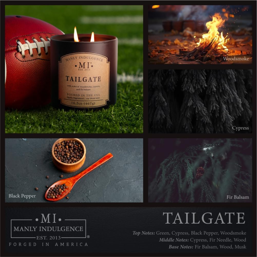 Manly Indulgence Tailgate Scented Candles for Men, 2 Wick, 16.5 oz Premium Soy Blend Wax, 60H Burn, Candles for Home Scented - Made in The USA